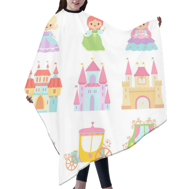 Personality  Collection Of Cute Little Princesses, Magic Castles, Fairy Tale Carriages Cartoon Vector Illustration Hair Cutting Cape