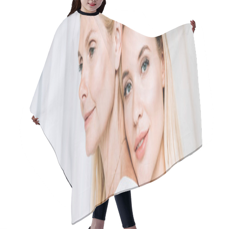 Personality  Panoramic Shot Of Elegant Blonde Daughter Gently Hugging Mature Mother Hair Cutting Cape