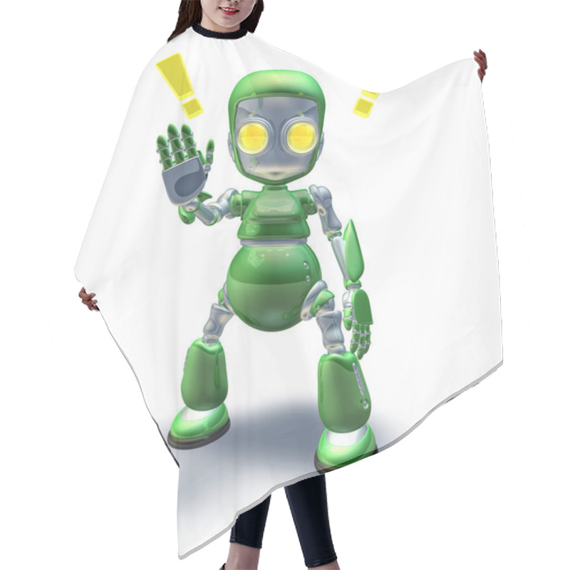 Personality  Cute Green Friendly Robot Mascot Showing Hair Cutting Cape