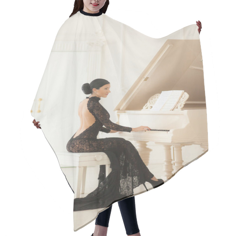 Personality  Girl In Dress At The Piano. Hair Cutting Cape