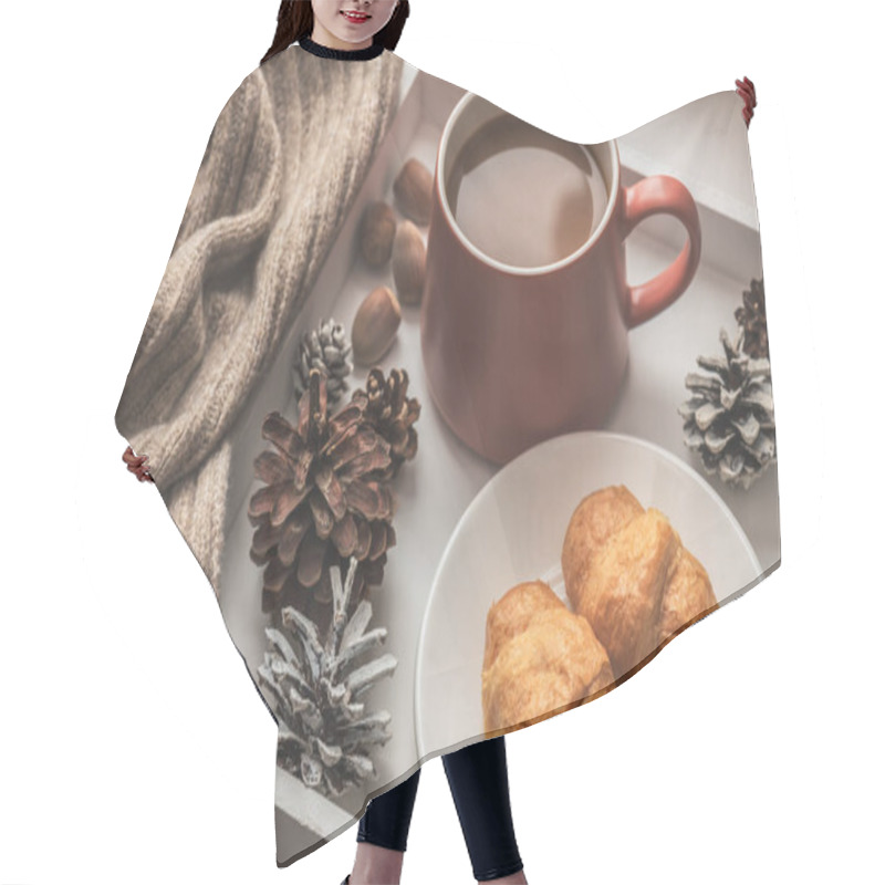 Personality  White Tray With Coffee And Croissants And A Knitted Scarf On The Windowsill. Cozy Winter Composition. Hair Cutting Cape