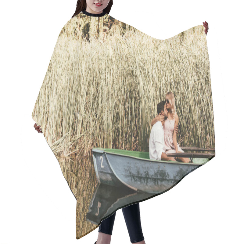 Personality  Happy Young Couple Embracing While Sitting In Boat On River Near Thicket Of Sedge Hair Cutting Cape