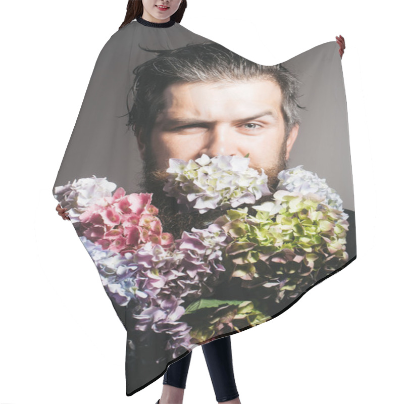 Personality  Bearded Man With Hydrangea Flowers Hair Cutting Cape