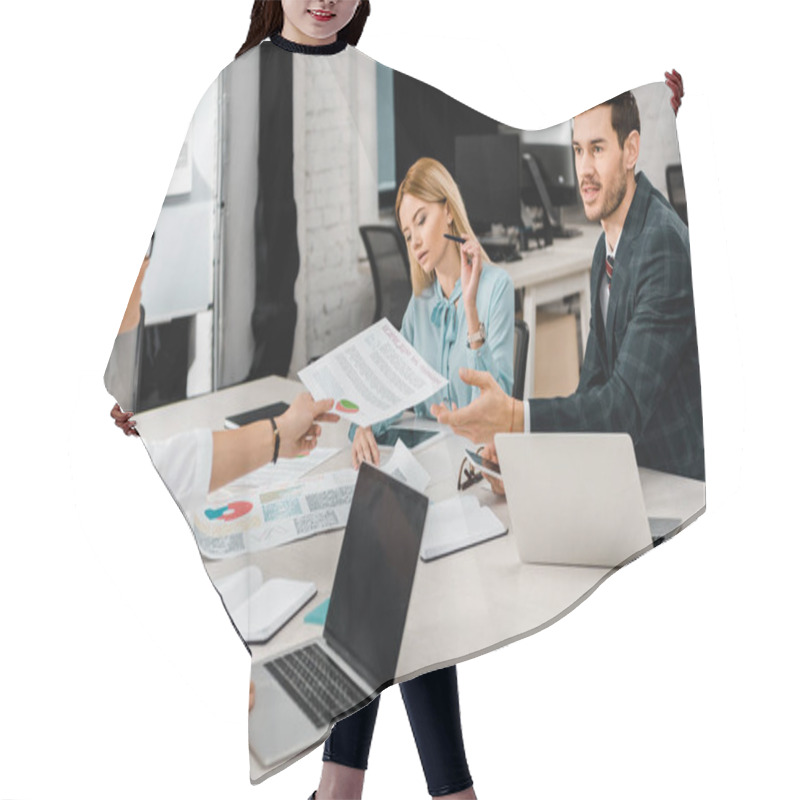 Personality  Business Colleagues Discussing Work During Meeting In Office Hair Cutting Cape