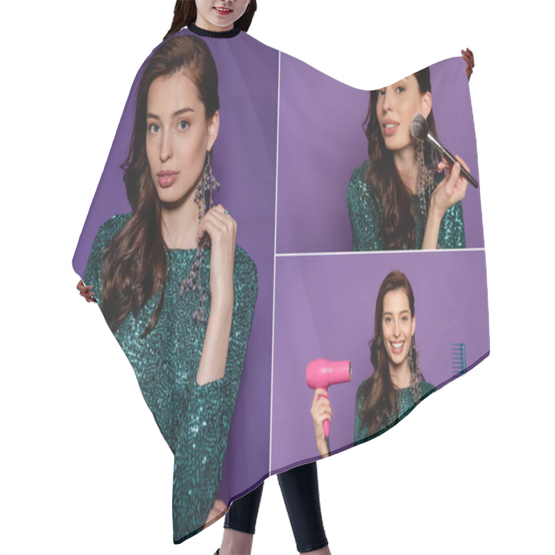 Personality  Collage Of Girl Holding Hair Dryer And Comb While Applying Blush On Purple  Hair Cutting Cape