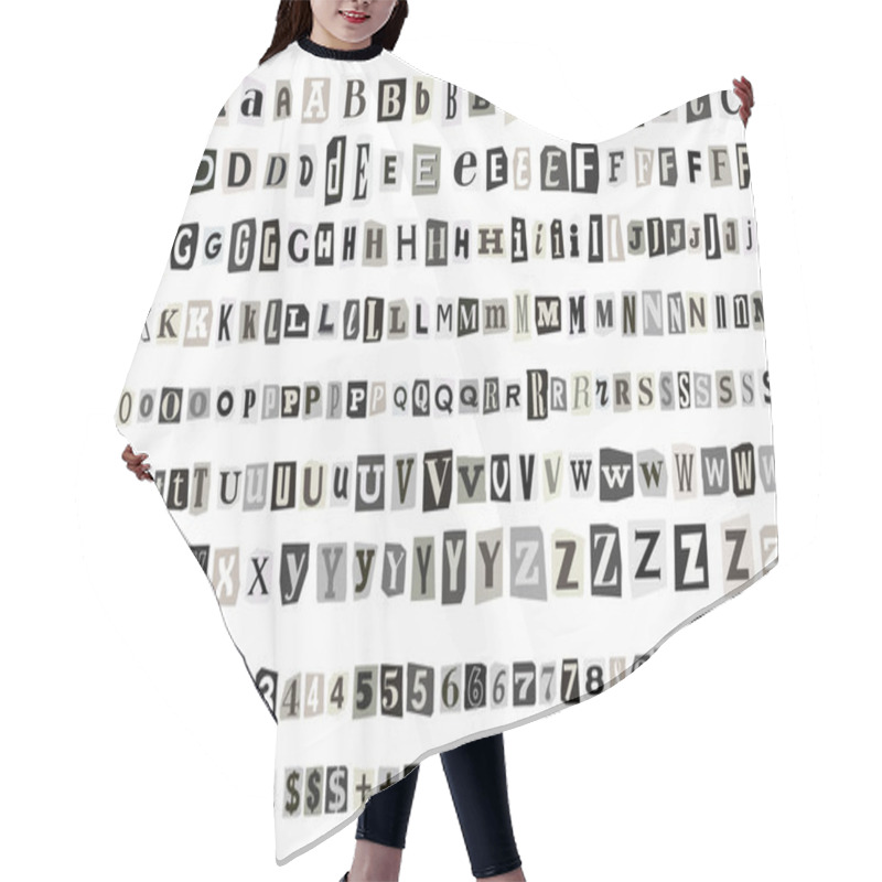 Personality  Ransom Gray Note English Font Alphabet Cut Out Vector Letters. Blackmail Ransom Kidnapper Anonymous Note Font. Collage Style Numbers And Punctuation Symbols. Criminal Ransom Letters. Hair Cutting Cape