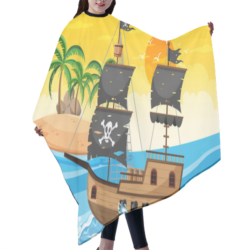 Personality  Ocean With Pirate Ship At Sunset Time Scene In Cartoon Style Illustration Hair Cutting Cape