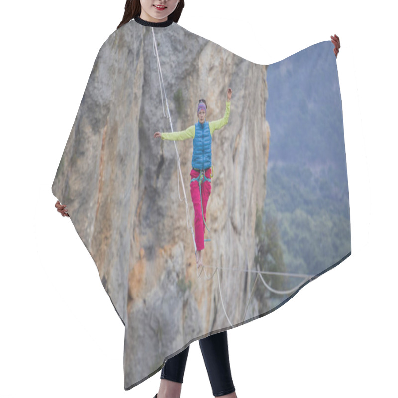 Personality  A Tightrope Walker Walks Along A Cable Stretched Over A Canyon. Hair Cutting Cape