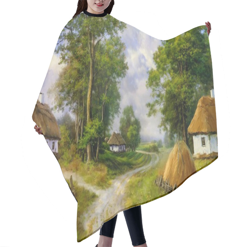 Personality  Oil Paintings Rural Landscape, Old Houses In The Forest. Fine Art, Artwork Hair Cutting Cape