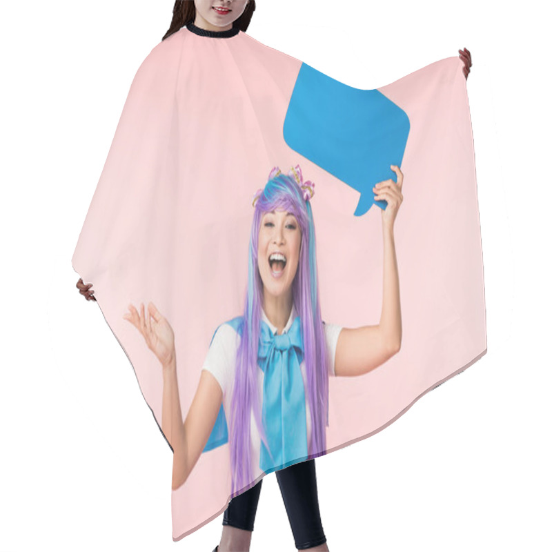 Personality  Excited Asian Anime Girl In Purple Wig Holding Blue Speech Bubble On Pink Hair Cutting Cape