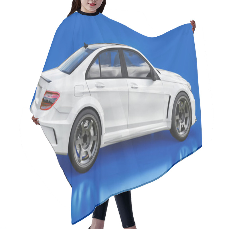 Personality  Super Fast White Sports Car On A Blue Background. Body Shape Sedan. Tuning Is A Version Of An Ordinary Family Car. 3d Rendering Hair Cutting Cape