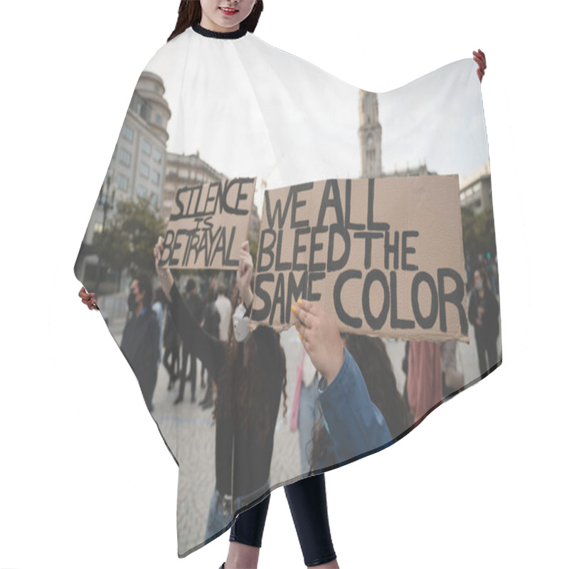 Personality  Porto, Portugal - June 6, 2020: Demonstration Against Racial Discrimination Black Lives Matter; Two Women In Front Of The Crowd Holding Placards 