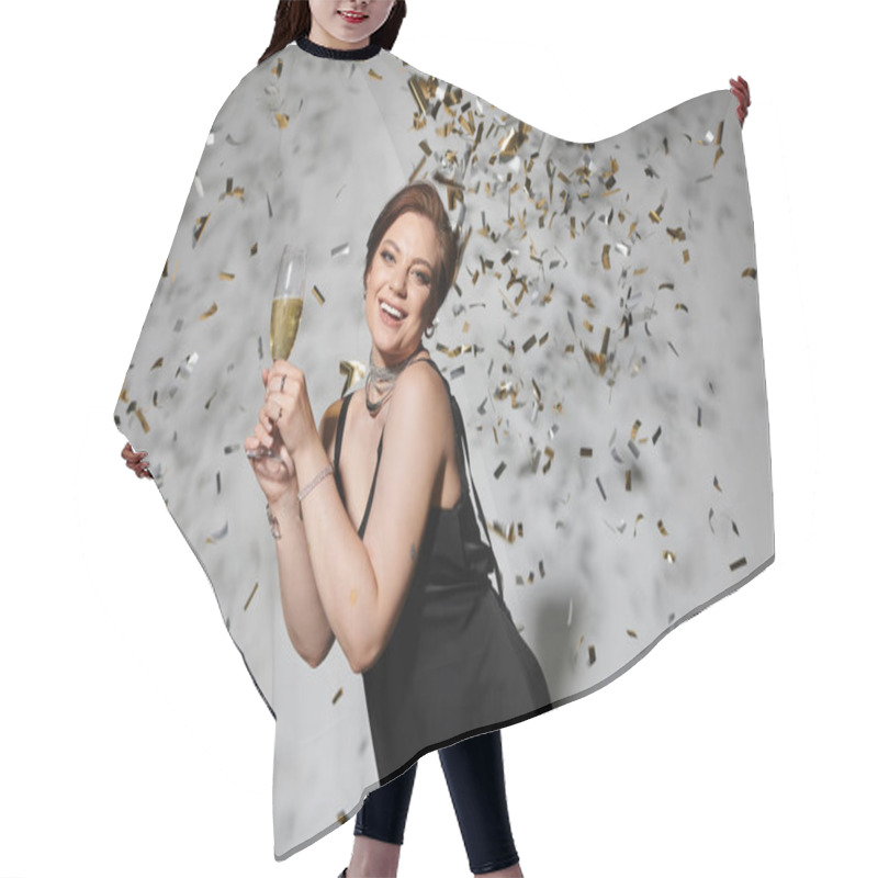 Personality  A Stylish Woman Raises A Champagne Glass And Smiles Joyfully As Golden Confetti Falls Around Her. Hair Cutting Cape