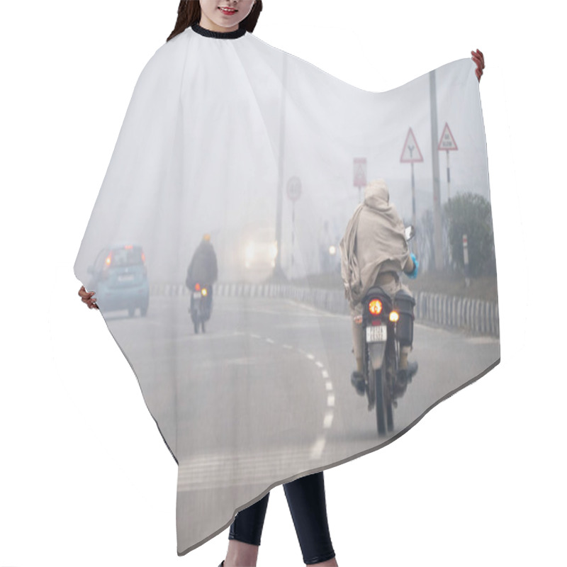 Personality  Delhi, India - Circa 2023: Men On Motorcycle Covered With Shawls Riding On Cold Winter Morning In Dense Fog With Limited Traffic In Delhi, Haryana, Rajasthan India Hair Cutting Cape