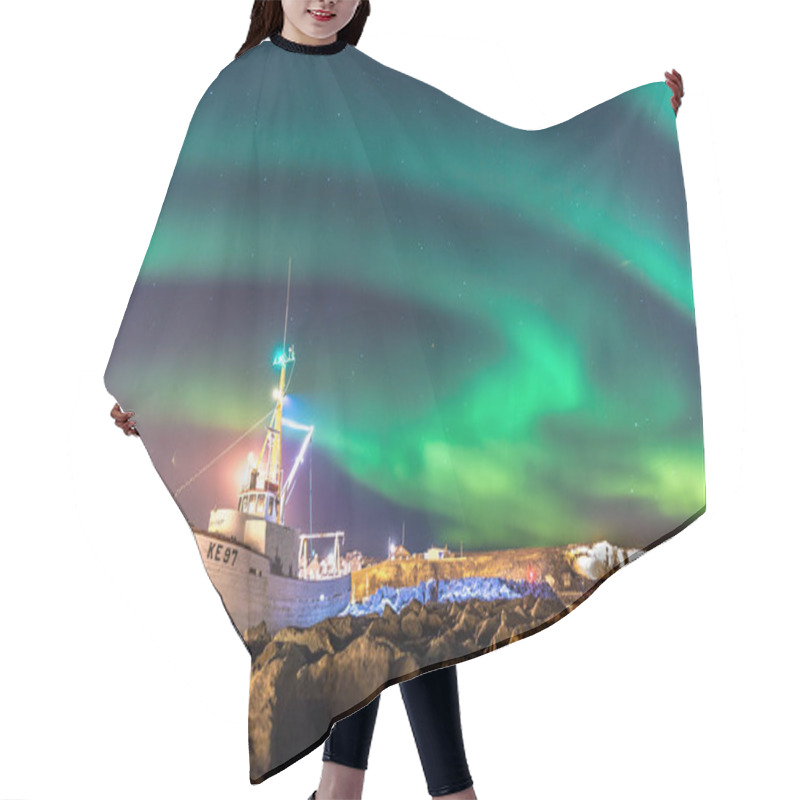 Personality  Colorful Northern Lights (Aurora Borealis) With A Boat In The Foreground In Iceland Hair Cutting Cape