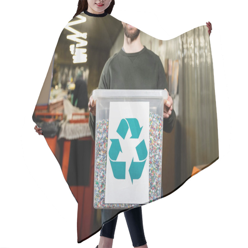 Personality  Cropped View Of Smiling And Bearded Volunteer Holding Trash Bin With Recycle Sign In Blurred Waste Disposal Station At Background, Garbage Sorting And Recycling Concept Hair Cutting Cape