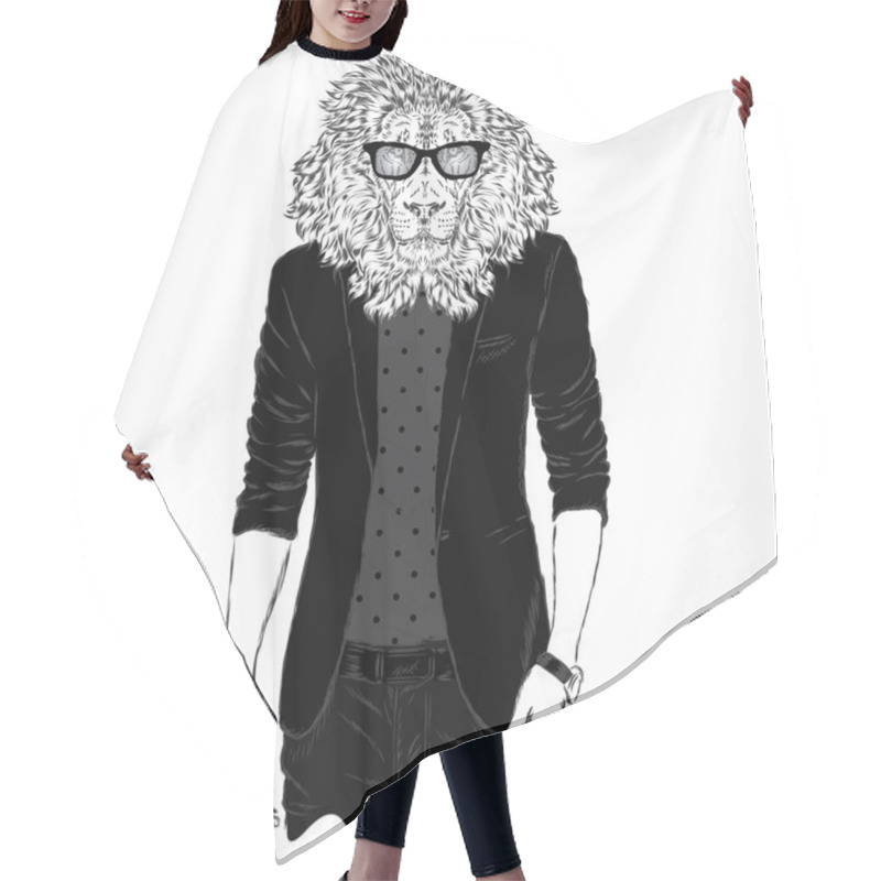 Personality  Leo Hipster In A Jacket And Sunglasses . Vector Illustration. The Print On The Cover , Clothing Or Card . Hair Cutting Cape