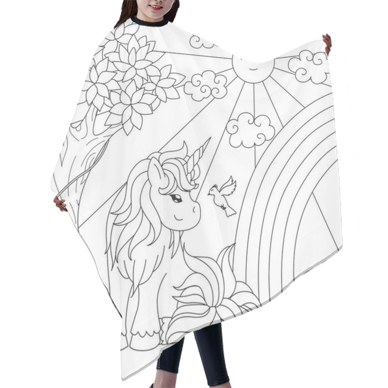 Personality  Cute Unicorn Watching Rainbow On The Pond For Design Element And Coloring Book Page. Vector Illustration Hair Cutting Cape