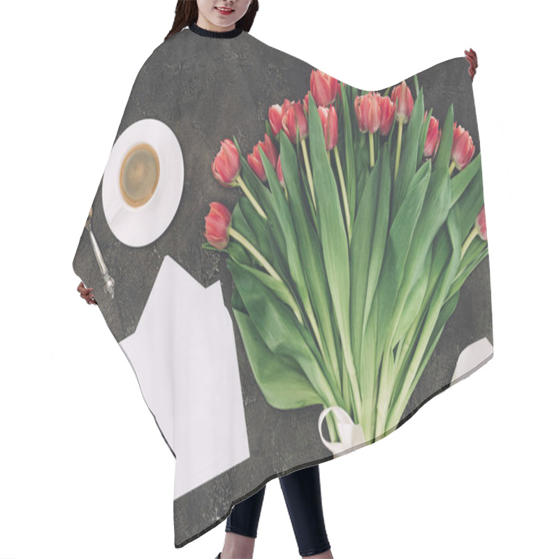 Personality  Top View Of Beautiful Red Tulips, Cup Of Coffee And Blank Envelope With Greeting Card Hair Cutting Cape