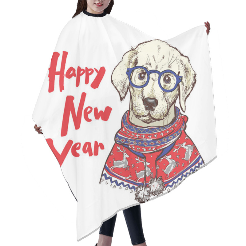 Personality  Christmas Greeting Card With Happy Winter Pug Dog Wearing In The Knitted Sweater, Vector Illustration Hair Cutting Cape