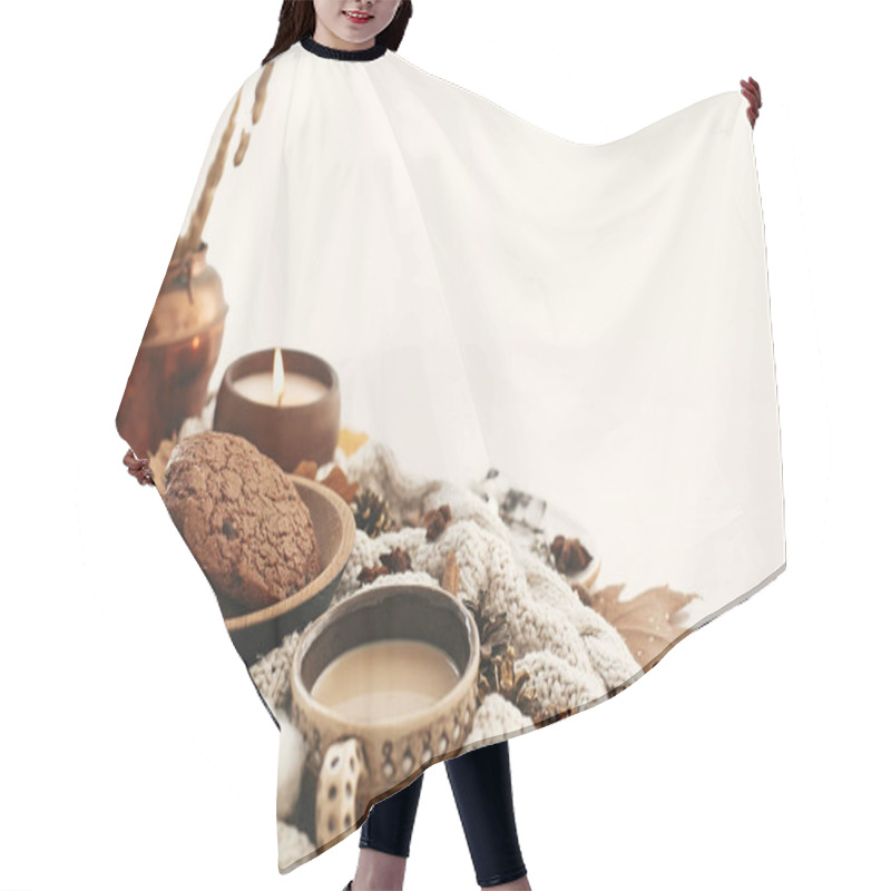 Personality  Coffee Cup, Chocolate Cookies, Candle And Fall Leaves, Cotton, C Hair Cutting Cape