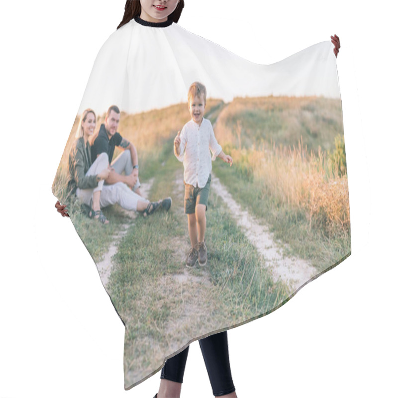 Personality  Happy Parents Looking At Adorable Smiling Little Son Running On Trail Hair Cutting Cape