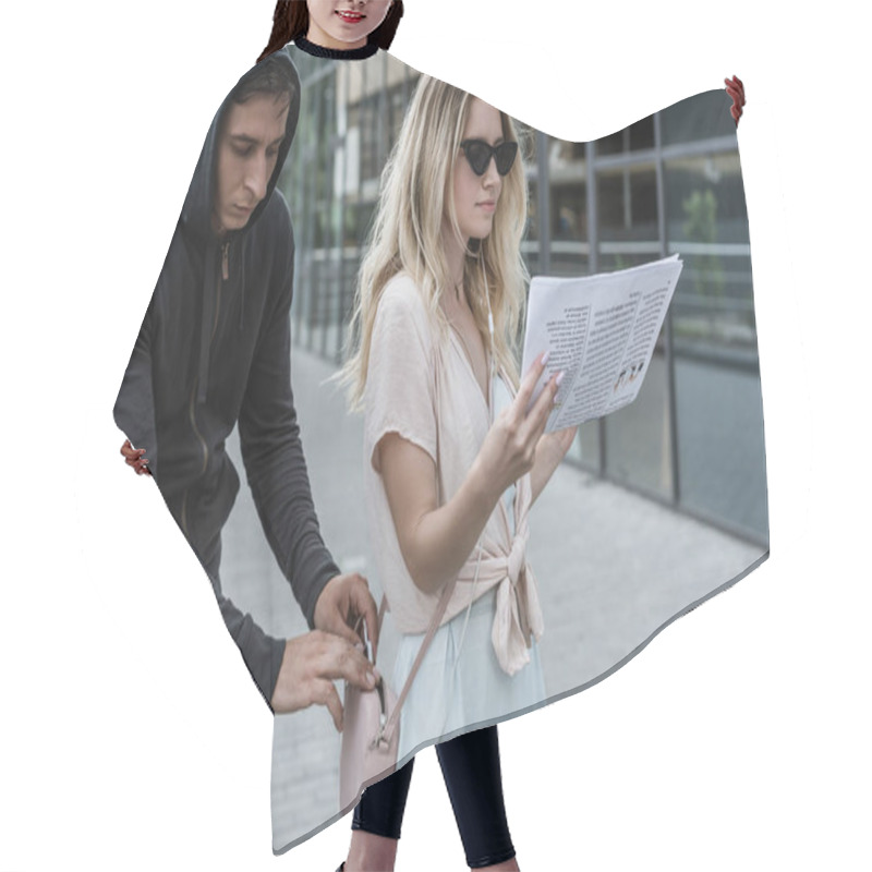 Personality  Woman Reading Newspaper While Robber Pickpocketing Smartphone From Her Bag Hair Cutting Cape