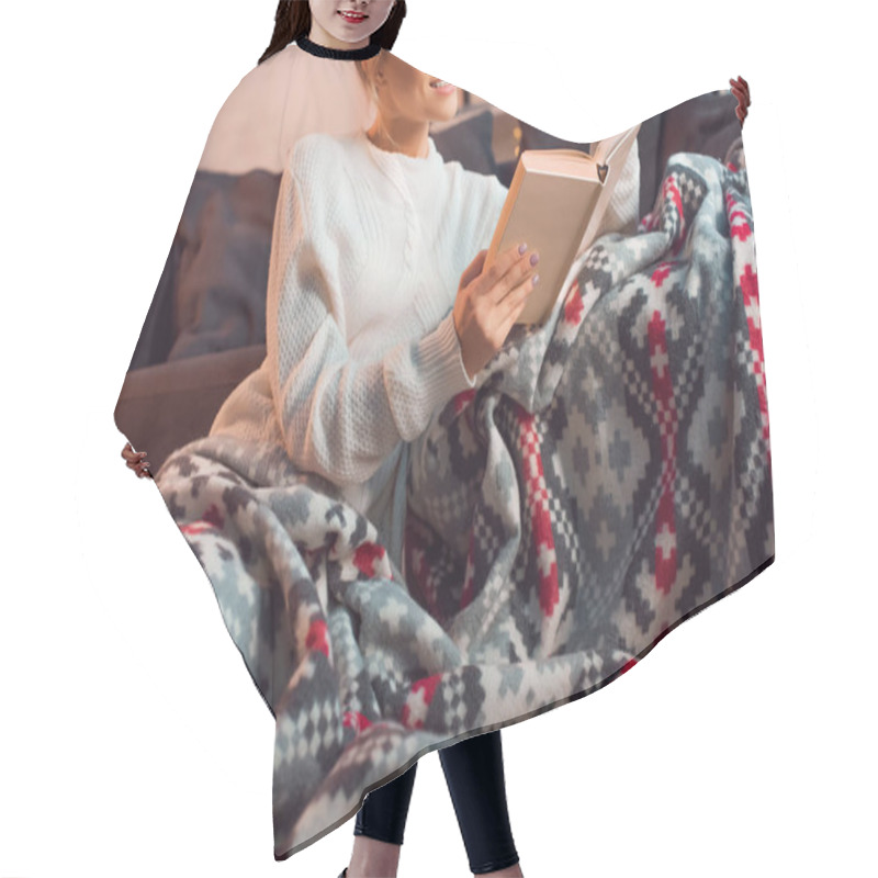 Personality  Beautiful Smiling Woman Reading Book At Home In Patterned Blanket On Christmas Eve Hair Cutting Cape