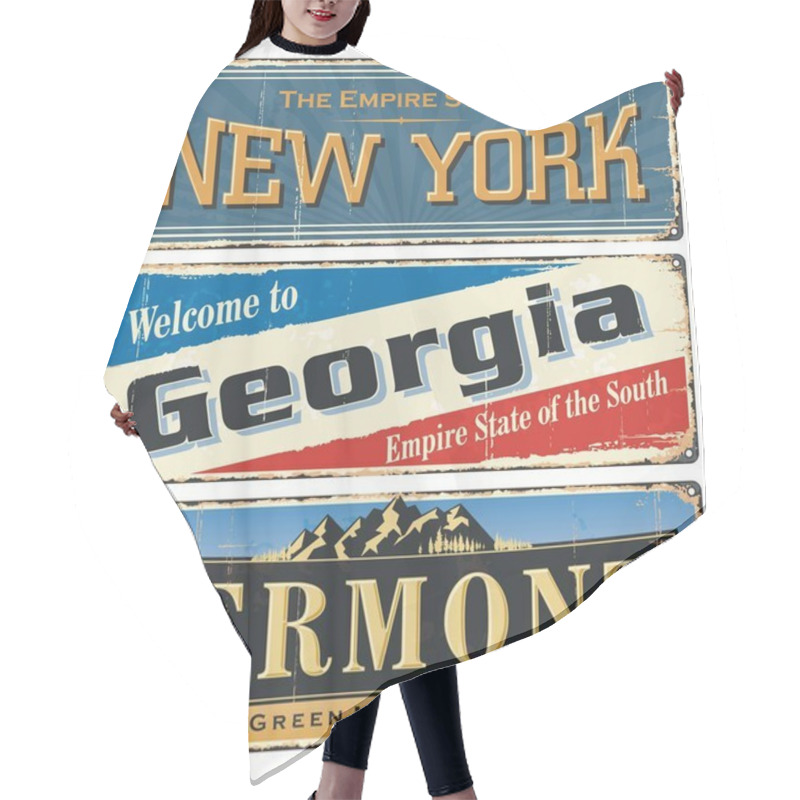 Personality  USA.Vintage Tin Sign Collection With America State. All States. Retro Souvenirs Or Old Paper Postcard Templates On Rust Background. States Of America. New York. Georgia. Vermont. Hair Cutting Cape