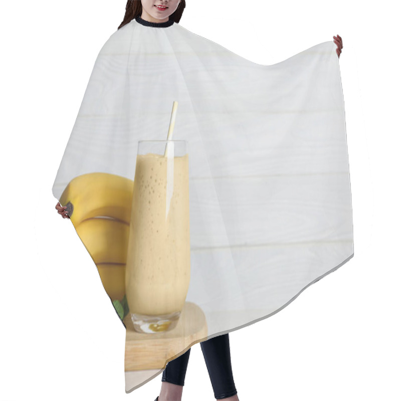 Personality  Glass Of Tasty Smoothie, Mint And Fresh Bananas On White Wooden Table. Space For Text Hair Cutting Cape