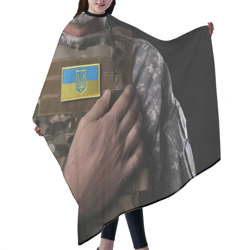 Personality  Mature Soldier With Ukrainian Patch On Dark Background, Closeup Hair Cutting Cape