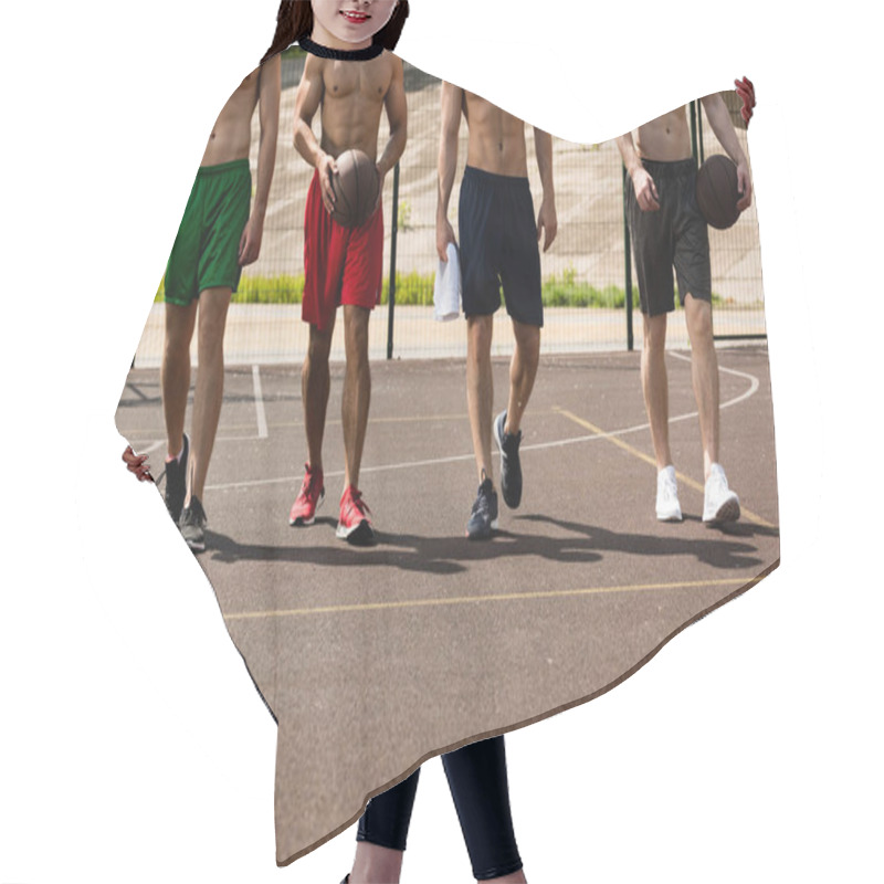 Personality  Cropped View Of Four Shirtless Basketball Players With Balls At Basketball Court Hair Cutting Cape