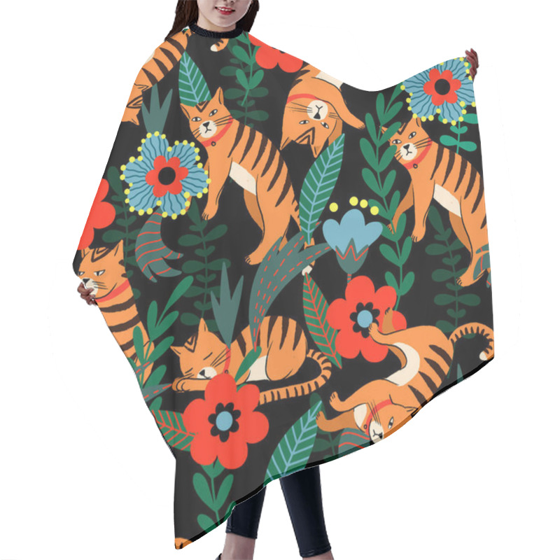 Personality  Seamless Pattern With Tiger And Flowers. Vector. Hair Cutting Cape