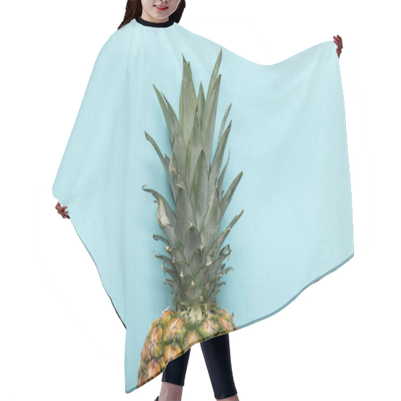 Personality  Top View Of Whole Ripe Tropical Pineapple With Green Leaves On Blue Background With Copy Space Hair Cutting Cape