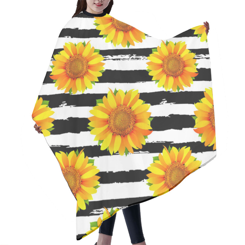 Personality  Seamless Pattern With Sunflowers On Black And White Stripes Background Vector Hair Cutting Cape