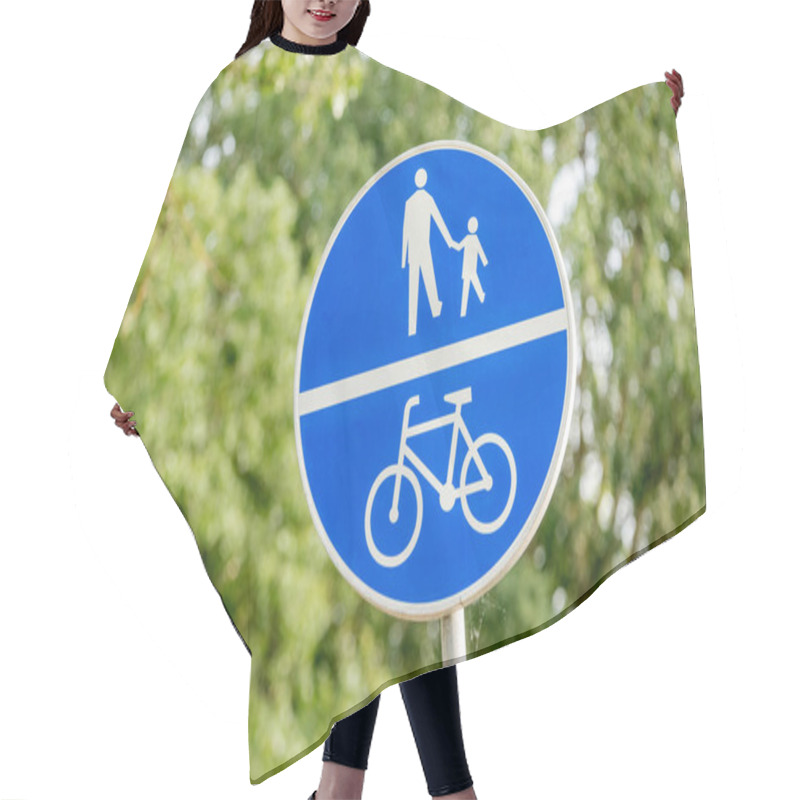 Personality  Path For Pedestrians Shared With A Bike Lane, Cycle Lane Blue Polish Traffic Sign On The Street, Object Closeup, Detail, Nobody. Europe Cycling Biking Lanes Abstract Concept, No People, Togetherness Hair Cutting Cape