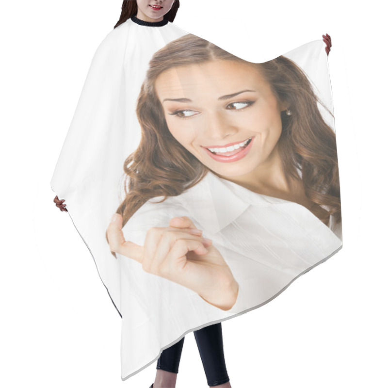 Personality  Businesswoman with follow me gesure, isolated hair cutting cape