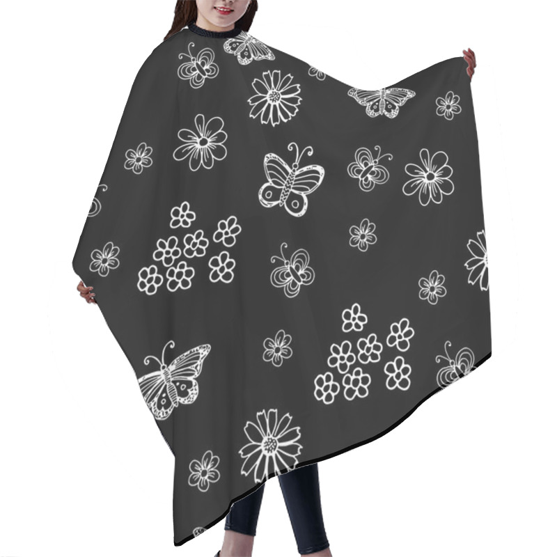 Personality   Black Seamless Pattern With Flowers And Butterflies. Hair Cutting Cape