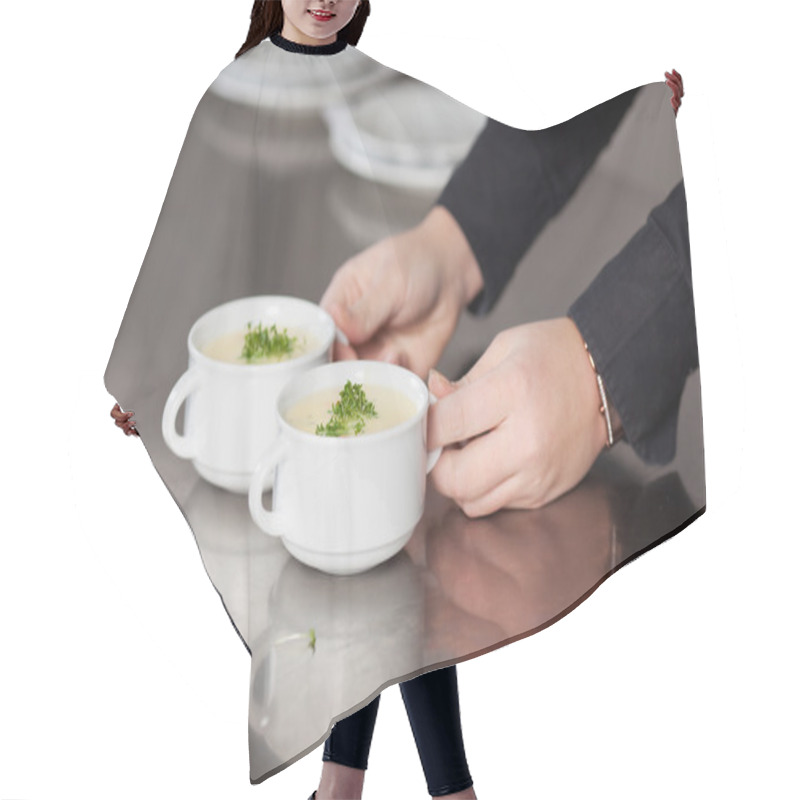 Personality  Waitress Holding Soup Hair Cutting Cape