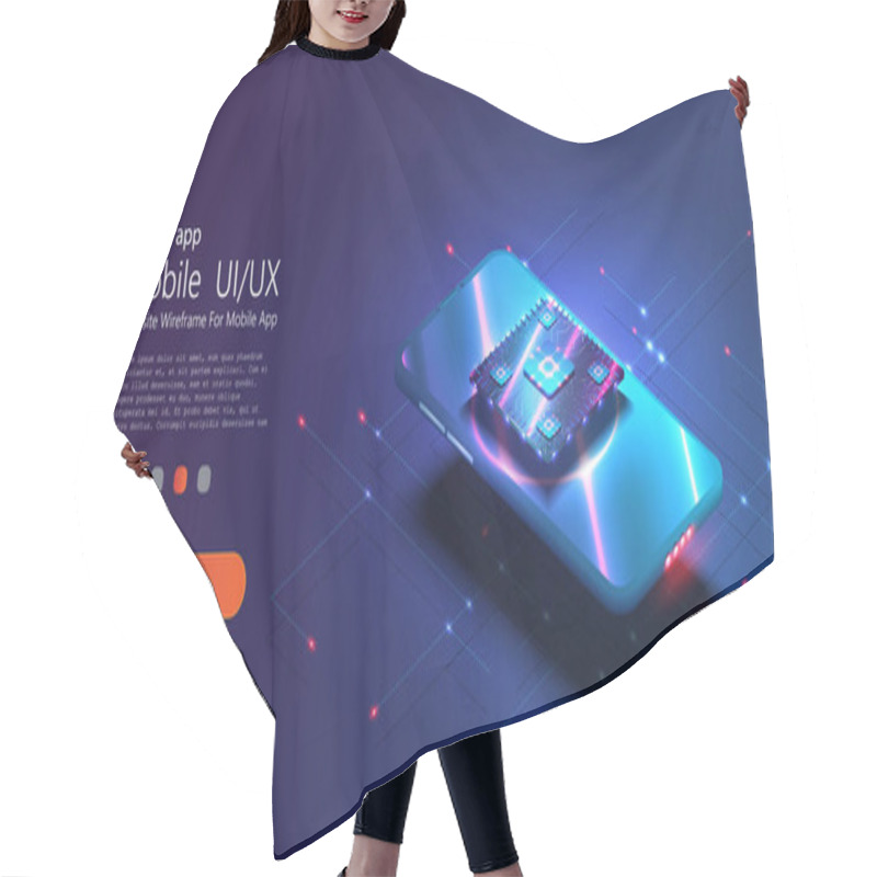 Personality  Futuristic Microchip Processor With Backlight On The Phone In Blue. Quantum Phone, Big Data Processing, Database Concept. Processor The ISO Banner.Digital Chip.Modern Cpu,great Design For Any Hair Cutting Cape