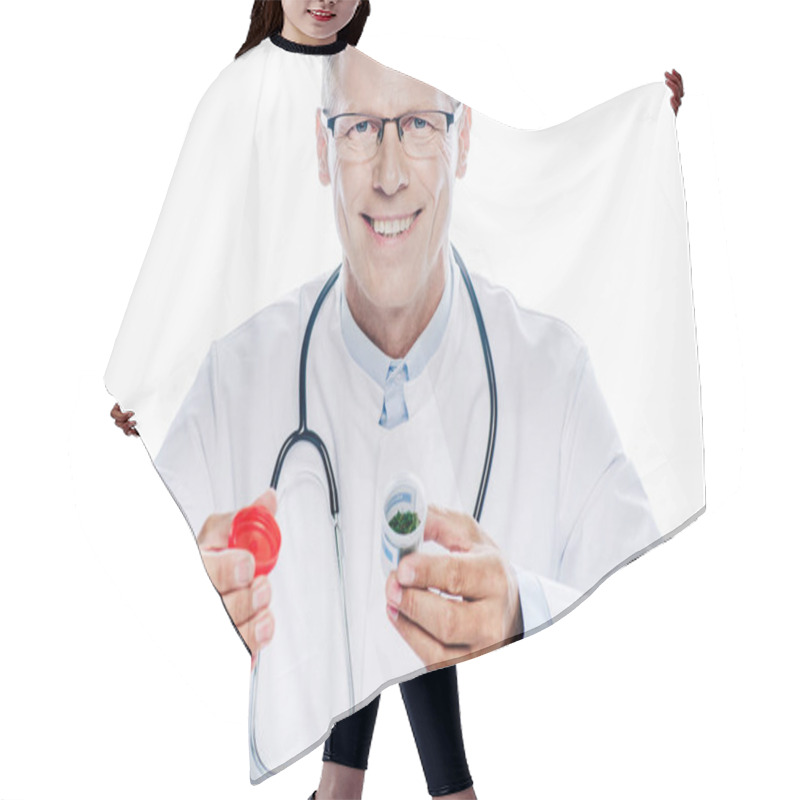 Personality  Handsome Doctor In White Coat Holding Medical Cannabis Isolated On White Hair Cutting Cape