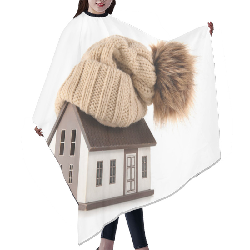 Personality  House Model With Hat On White Background. Heating Concept Hair Cutting Cape