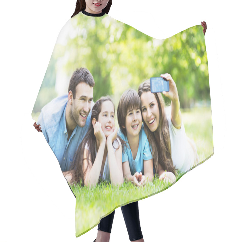 Personality  Happy Young Family Making Selfie Hair Cutting Cape