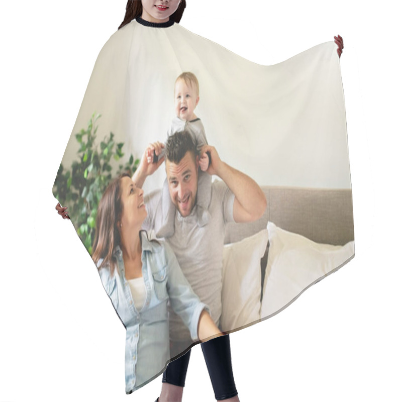 Personality  Happy Family Mother, Father And Son At Home In Bed Hair Cutting Cape