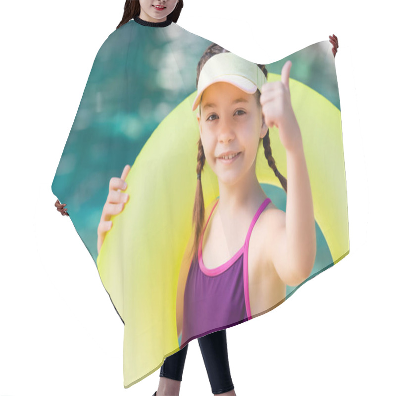 Personality  Girl In Swimsuit And Sun Visor Cap Showing Thumb Up While Holding Inflatable Ring Hair Cutting Cape