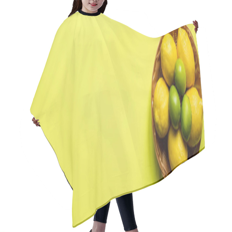 Personality  Top View Of Ripe Limes And Lemons In Wicker Basket On Colorful Background, Panoramic Crop Hair Cutting Cape