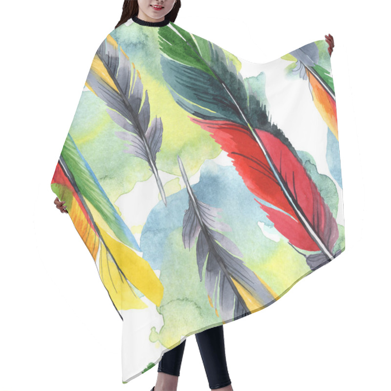 Personality  Colorful Bird Feather From Wing Isolated. Watercolour Drawing Fashion Aquarelle. Fabric Wallpaper Print Texture. Hair Cutting Cape