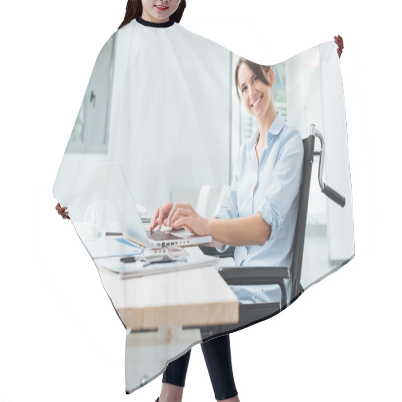 Personality  Smiling Business Woman In Wheelchair Hair Cutting Cape