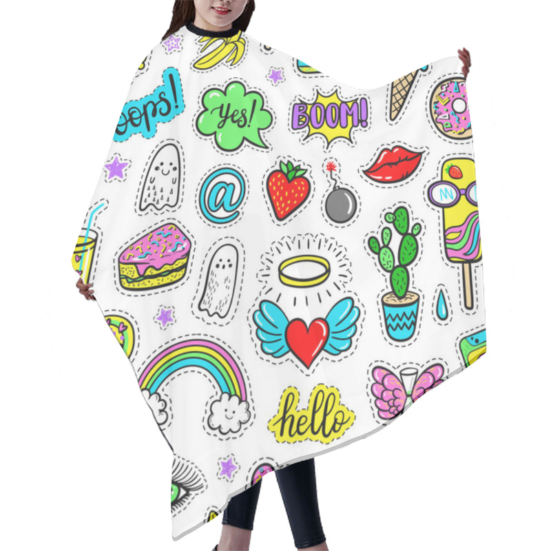 Personality  Vector Hand Drawn Seamless Pattern With Fashion Patches: Eyes, Ice Cream, Rainbow, Doughnut, Camera, Lip, Heart, Arrow, Banana, Ghost. Modern Pop Art Stickers, Patches, Pins, Badges 80s-90s Style Hair Cutting Cape