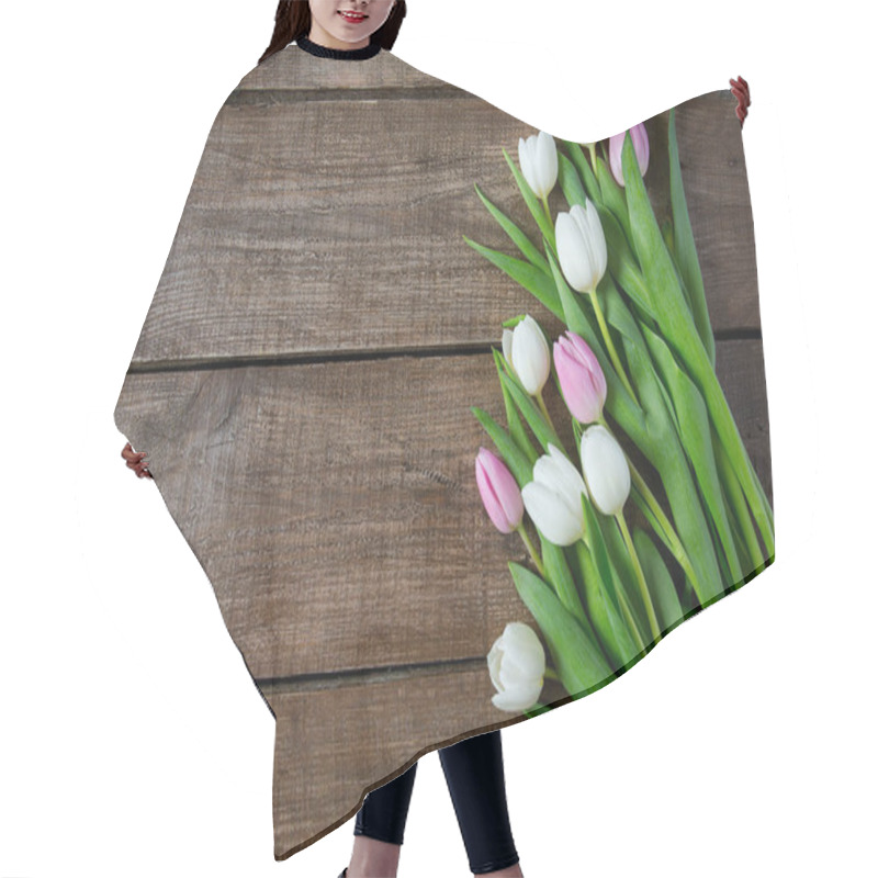 Personality  Beautiful Fresh Tulips On Wooden Surface Hair Cutting Cape